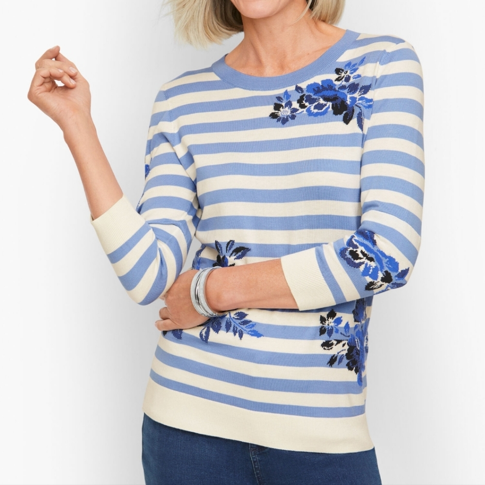 NWOT Talbots blue and white stripe with flower detail sweater Petite